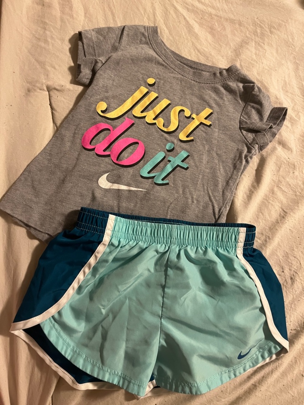 Nike Gray Tee with Multicolor 'Just Do It' Script & Teal Athletic Shorts